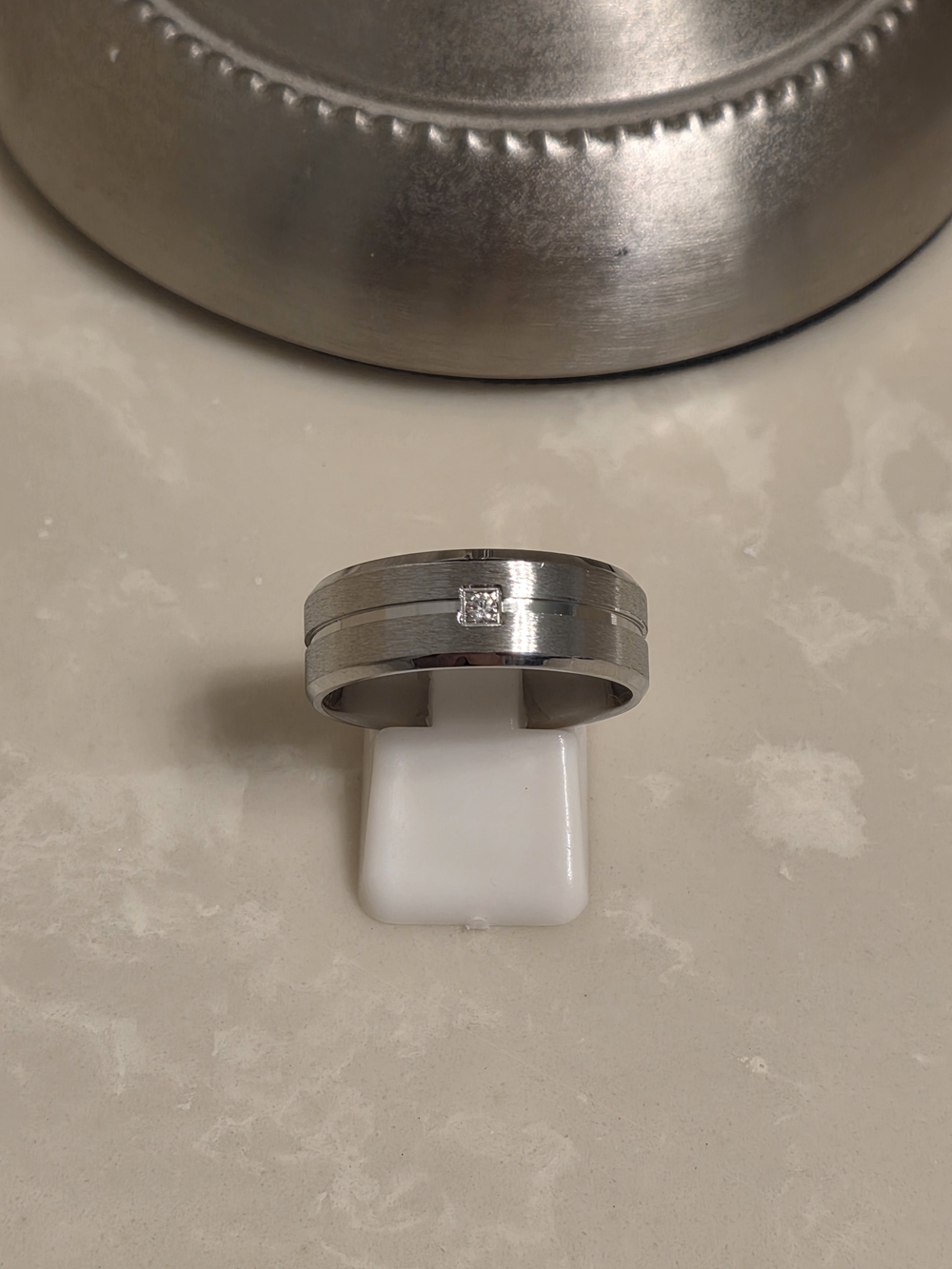 Men's Brushed Silver Stainless Steel Ring with Center Stone